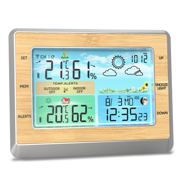 Väderstation inomhus utomhustermometer Trådlös digital hygrometer temperatur- och fuktighetsmätare med LCD-färgskärmsklocka