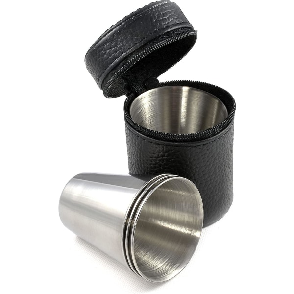 Set med 4 Schnappskoppar 70ml Stora Rostfria Skottglas i Läderfodral med Blixtlås
