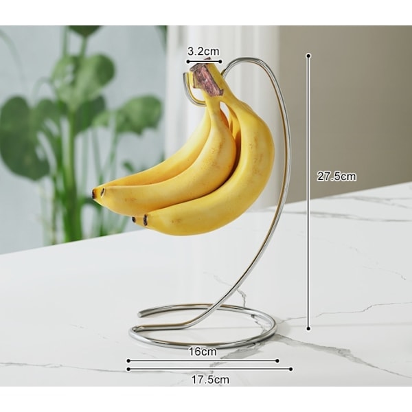 Banaaniteline pyöreällä jalalla, banaanikoukku, hedelmien säilytys, banaanit, viinirypäleet, kromattua rautaa, hopea