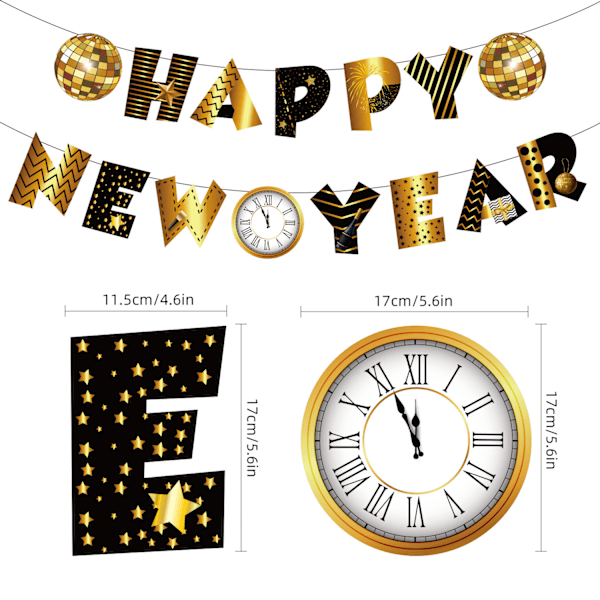 2 sæt Happy New Year Banner til nytårsaften 2025, Sort og Guld Happy New Year Party Skilt Happy New Years Baggrund