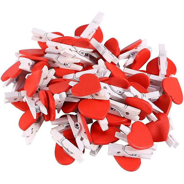 Mini Trepinne med Rødt Hjerte Klips Tre Klesklyper Memo Bilde Foto Klips for Bryllup Fest DIY Håndverk Dekorasjoner med 50 stk