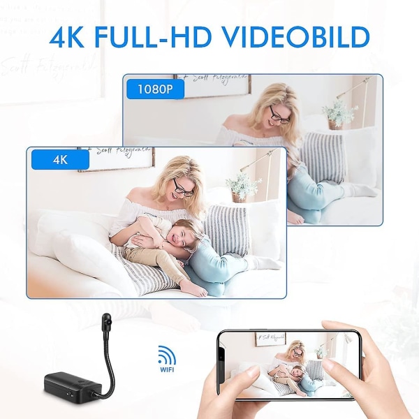 Mini-kamera metalliputkella, sisätilojen 4k HD Wi-Fi-valvontakamera, latautuva akku ja pitkä akun kesto, liikeilmoitus