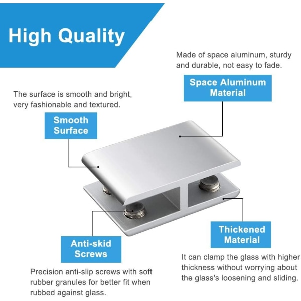 Glasbeslag, 4 stk. Justerbare Dobbeltsidede Aluminiumlegerings Glashyldebeslag, Glasbeslag Holder til 10-12mm Tykkelse
