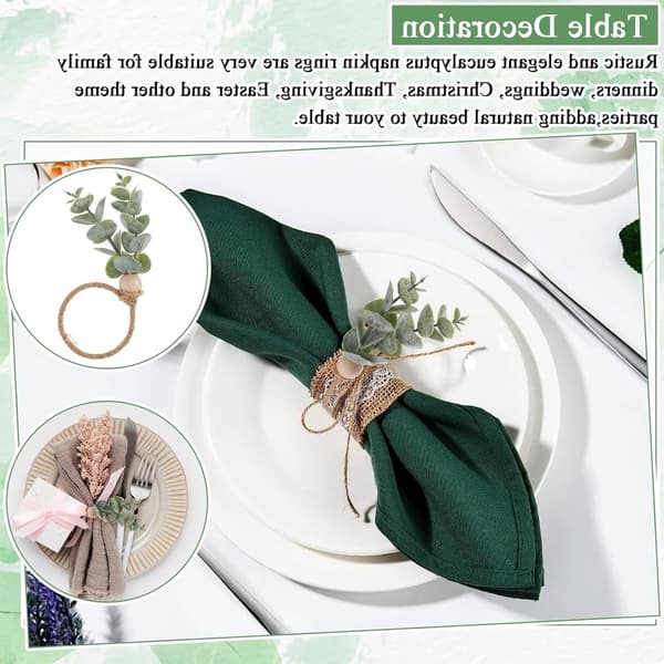 6 st servettringar med gröna eukalyptusblad och träpärlor, rustik boho-lantlig bordsdekoration för jul, tacksägelse och bröllopsmiddagar