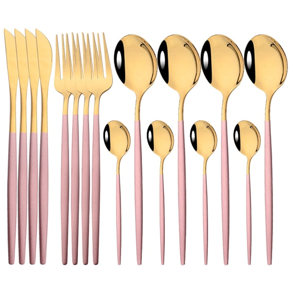 RYI_16 kpl Veitsi, Lusikka, Haarukka Set Maple Ruostumaton Teräs Pinkki Ruusu