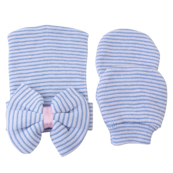 Barnkläder höst och vinter baby randig rosettformad hatt 2 st (Blå+rosa)