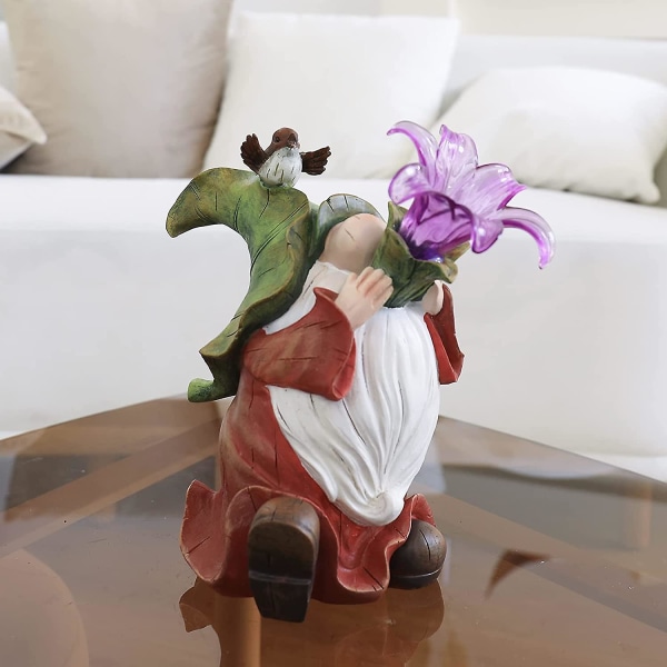 Trädgårdsgnomstaty - Hartsgnomfigurer som spelar blommor - Liten med solcellsdrivna LED-lampor, utomhus vårträdgård gräsmatta dekoration, dekorationer