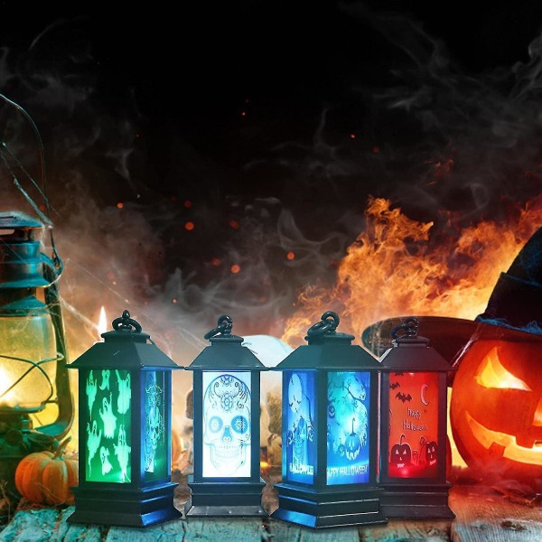 2 stk Halloween Dekorative Lanterner, Halloween LED Lanternelys med Gresskar og Spøkelsesdesign - Vintage Dekorative Lanterner til Jul Halloween C