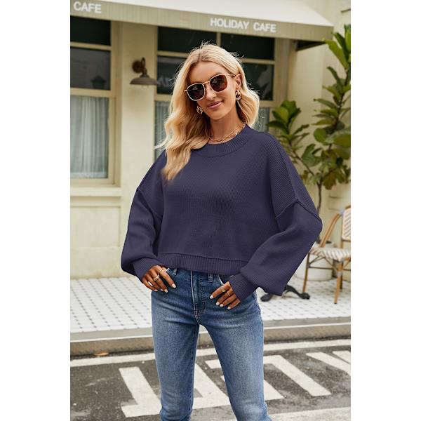 Dam Färgblockade Tröjor Långärmad Rundhalsad Pullover Stickad Jumper Toppar dark blue XS