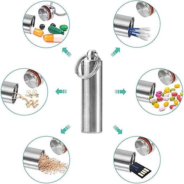 Nøglering Pilleholder, Vandtæt Medicin Pilleæske i Rustfrit Stål Medicin Nøglering Pillebærer Camping Flaskeholder Container Nøglering (1 stk,
