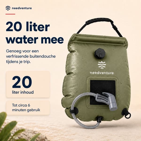 needventure Solarduschpåse 20L med termometer och duschmunstycke, bärbar campingdusch för utomhusbruk, strand, trädgård och vandring, grön