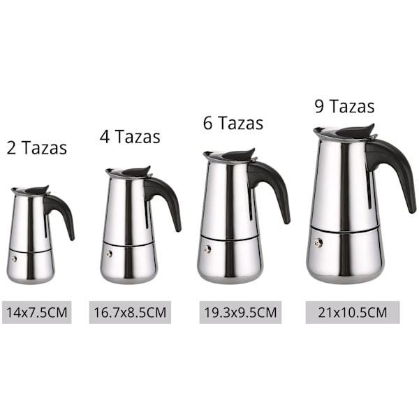 RYI_Italiensk kaffemaskine i rustfrit stål til espresso 2/4/6/9 KOPPER Kompatibel med gas, glaskeramisk og elkomfur. 2 Tazas 100ML