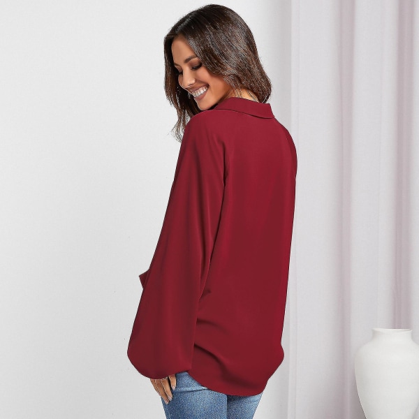 Kvinders Skjorter Lange Lanternærme V-hals Design Sense Niche Høj kvalitet Løse Toppe XL Rød Red XL