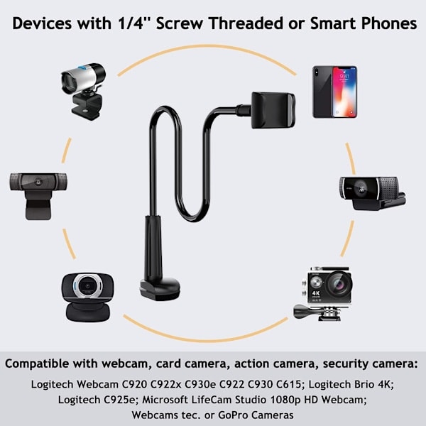Webcam-stativ til mobiltelefon med universelle 1/4-tommers skruer, fleksibel arm, 360 graders rotation, skrivebords- og sengesmontering, svanehals_RY