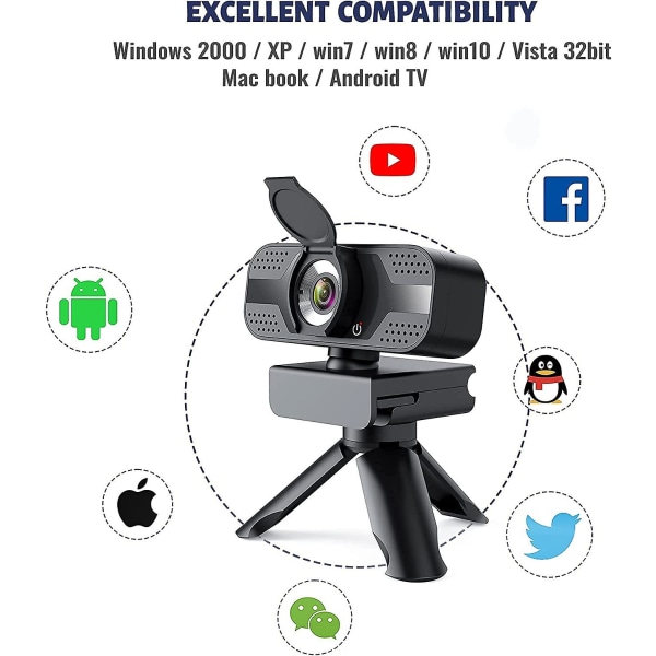 1080p Full HD Webcam med Mikrofon, USB Webkamera med Stativ, PC Webcam til Desktop og Laptop, Webkamera til Video, Studie, Videokonferencer, R