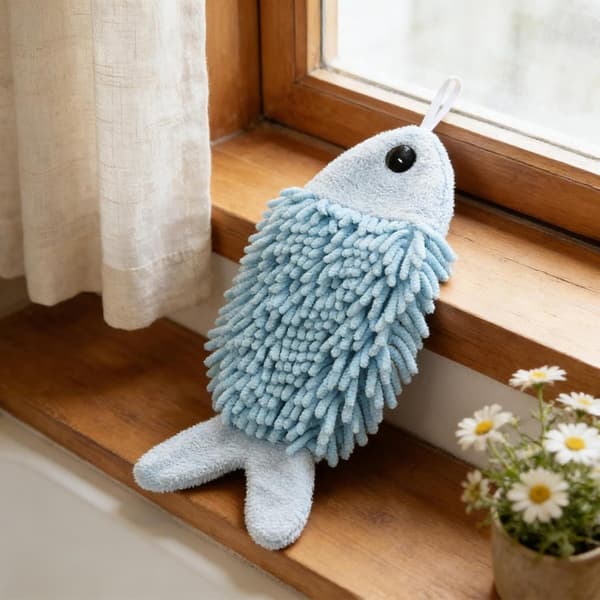 Chenille Fiskehåndklæde, Blødt Absorberende Hængende Håndklæde til Børnebadeværelse Køkken Børnehave, 15 x 20 cm, Blå