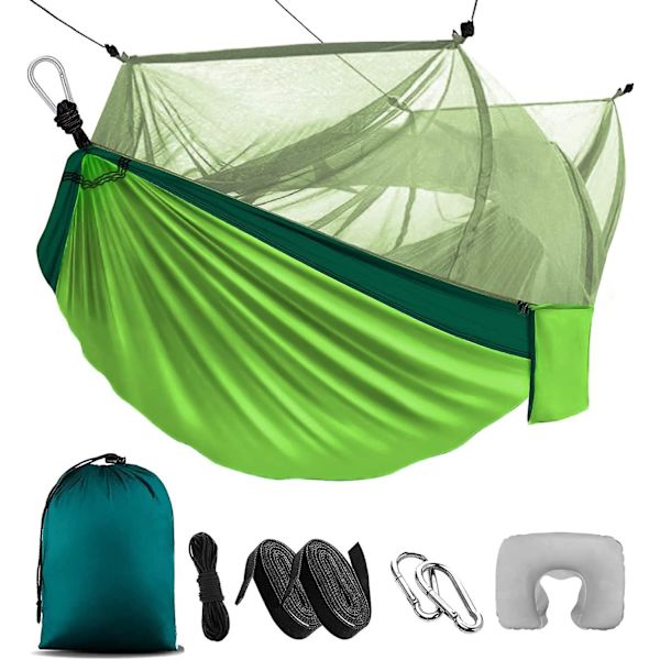 Hengekøye for utendørs camping, reisehengekøye med fallskjermnylon, ultralett myggnett, for camping, fotturer, gave - oppblåsbar U-formet pute