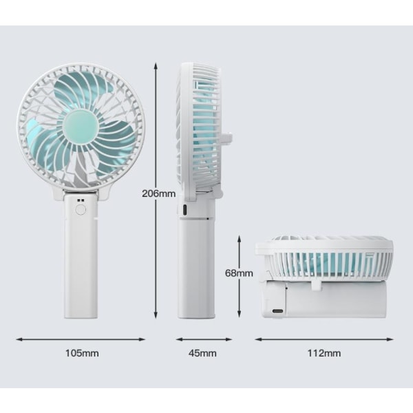 Käsikäyttöinen tuuletin, kannettava USB-tuuletin | 3 nopeutta | 180° taitettava | Virtaa saava henkilökohtainen mini-sähkötuuletin 2000 mAh:n ladattavalla akulla - Valko...