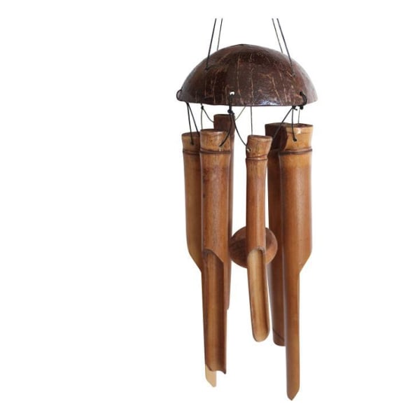 Rustikk bambus vindklokker - utendørs vindklokker i tre, liten, blomsterbrent design med kokosnøttkrone, håndlaget med beroligende dype toner,
