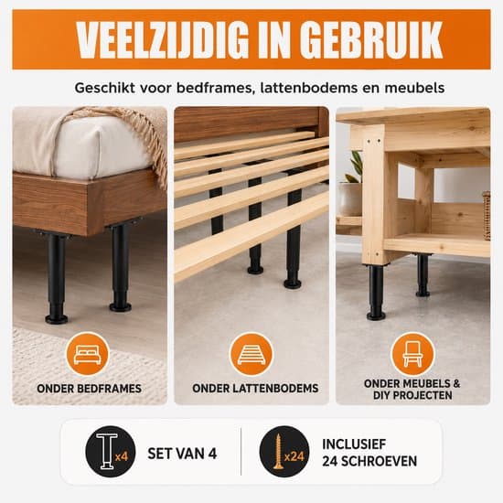 Justerbare Møbelben Sæt med 4, 15-25 cm Sorte ABS Erstatningsfødder med Skruer til Seng Sofa Skab Bord Boxmadras DIY Møbler
