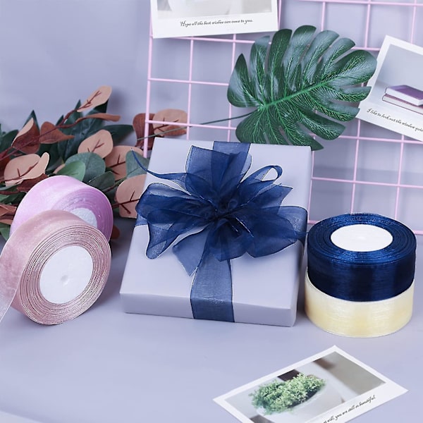 4 Rullaa Läpinäkyvää Chiffon-Nauhaa Organza-Satiininauhaa Sopii Lahjapakkaamiseen, Ystävänpäivään, Syntymäpäivään, Kimppuihin