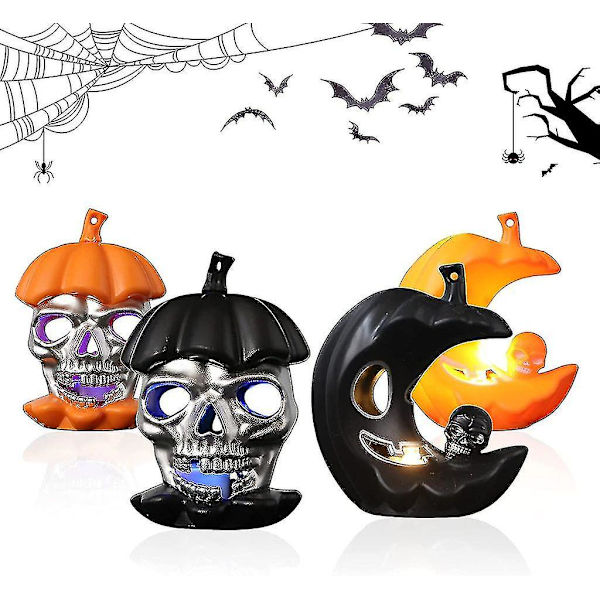 Halloween Lys, 4 Pak Lysende Halloween Dekorative Lys Halloween Batteridrevet Halloween LED Hodeskalle Og Græskar Lys Halloween Dekorationer S