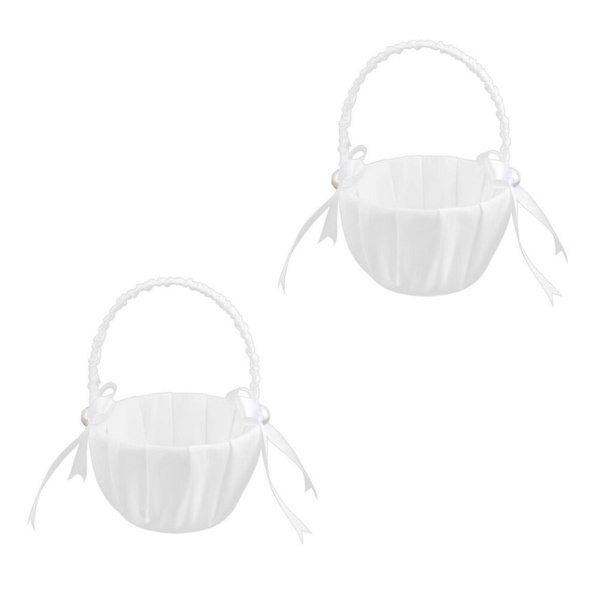 2 stk Jente Dress Bryllup Blomsterkurv Brud Blomsterkurv Hvit Perle Blomsterpike Kurv Sløyfe F White 13*20CM