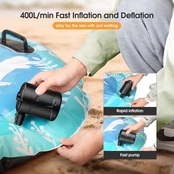 Elektrisk luftpumpe, 5200mAh USB genopladelig luftpumpe med 3 dyser, 400 L/min, til luftmadrasser, pools, både, camping, sort
