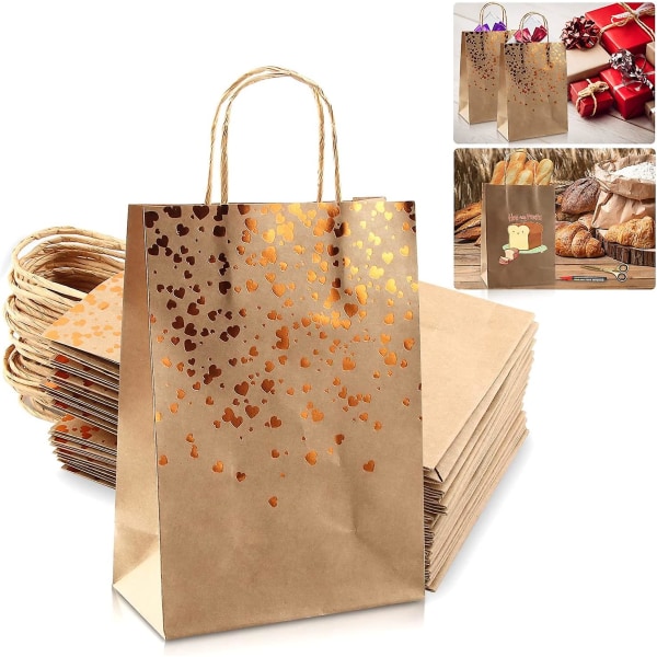 Kraftpapir Gaveposer, 25 Varmestemplede Kraftpapir Gaveposer, Guld Hjertemønster, Bryllup Kraftpapirposer Til Jul, Fødselsdag, Bryllup, Fest (15*