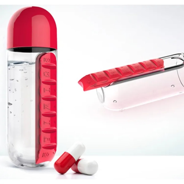 Lloow 2 in 1 -kannettava vesipullo pillereiden organizer, 7 päivän case, 600 ml vesikuppi, PP-materiaali, matkustamiseen / fitness/ työhön, punainen