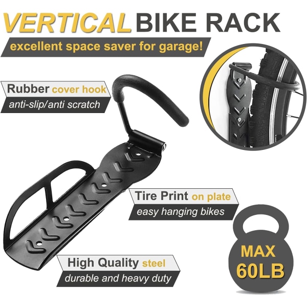 2 Pack  Bike Rack for Garage Wall Mount Vertical Bike Hooks Bicycle Hanging Hooks for Indoor Storage with Non-reversible Hooks