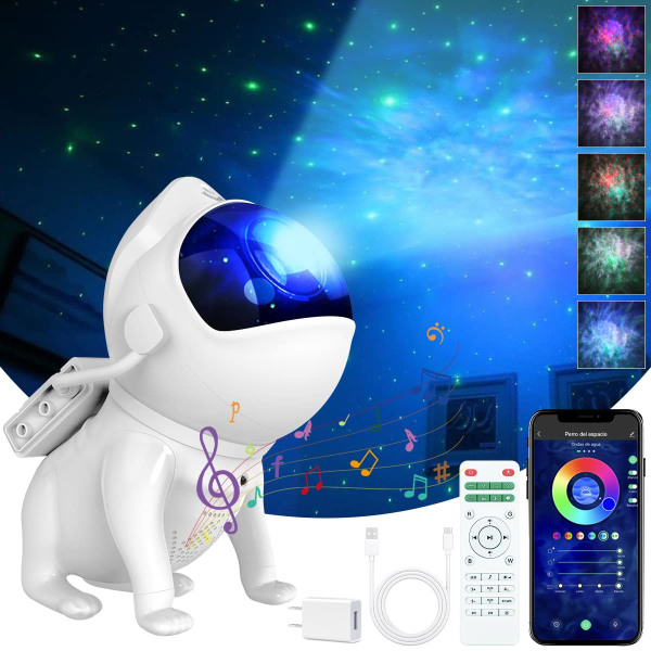 Space Dog Star Projector, Galaxy Star Projector, Starry Nebula LED-lampe med Bluetooth-høyttaler, åtte typer hvit støy