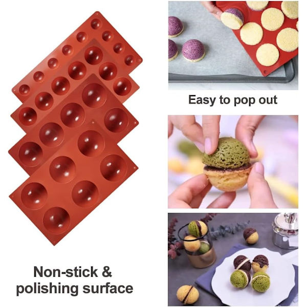 4 stk. Halvcirkelforme i Silikon, Halvkugleforme i Silikon til Slik og Chokolade, BPA-fri og Non-Stick Cylinderkageforme