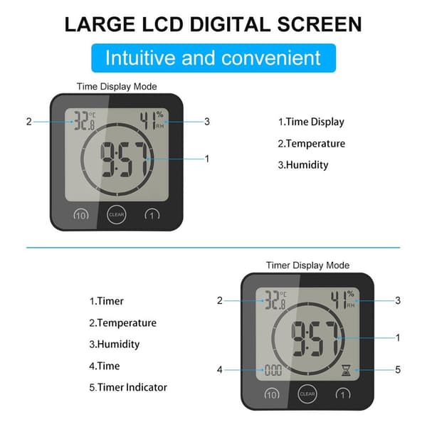 Vandtæt bruseur med LCD-display, digital badeværelsestimer med tid, temperatur, luftfugtighed, alarm og 99 min. nedtælling, sugekop, sort