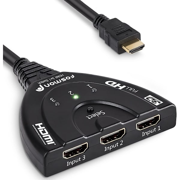 3-port HDMI-kytkin Full HD 1080p:lla ja kierteisellä kaapelilla