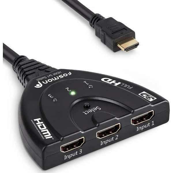 3-ports HDMI-bryter med Full HD 1080p spiral kabel