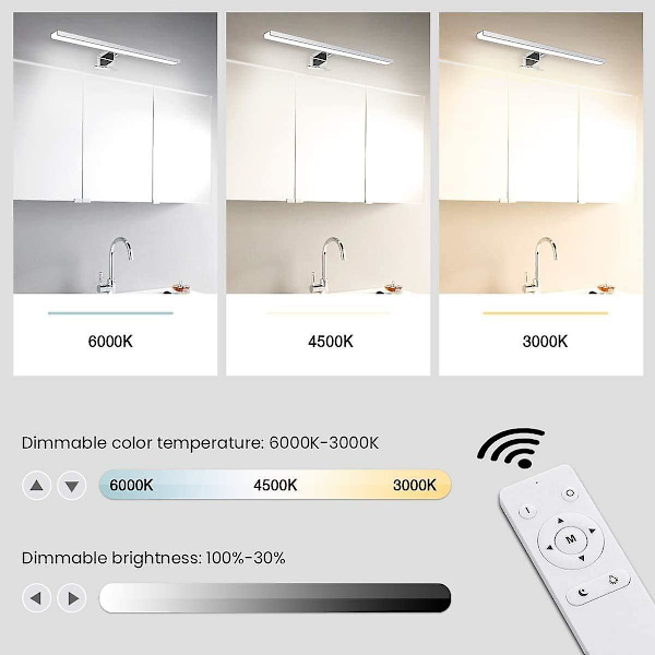 Dæmpbar LED Spejllampe, Badeværelsesvæglampe 40 1200lm 12w Ip44, Justerbar Farve 3000k 4500k 6000k, Spejllampe Med Fjernbetjening, Klips På Spejl