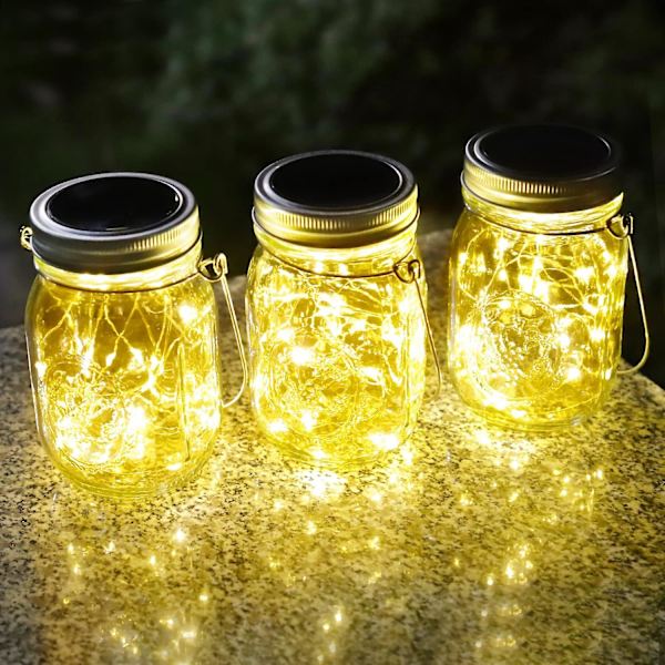 Solcellelamper Utendørs, 3 Stykker Solcellehagelamper 30 Led Vanntette Mason Jar Hagelamper For Innendørs Utendørs Belysning Dekor Juleris (wa