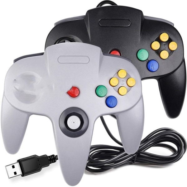 2-pack USB trådbunden N64-kontroll, lämplig Classic N64 PC Gamepad Joystick-kontroll för PC MAC Pi 3 (svart/grå)