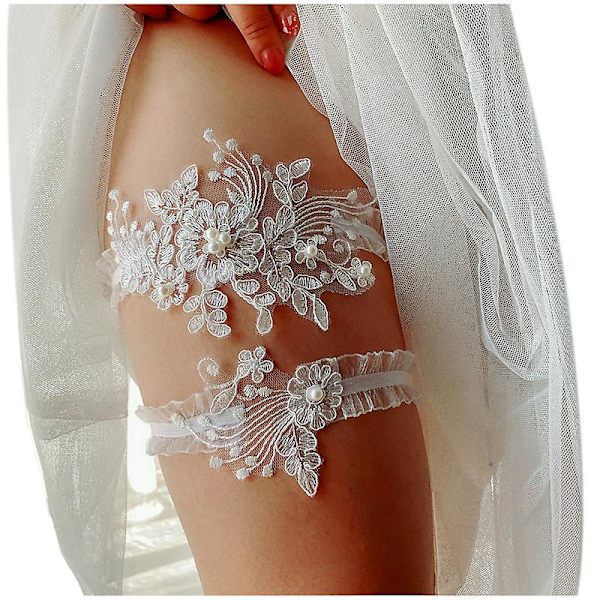 1 Par Bryllup Brudestrømpebånd For Bryllup Brudebryllup Hvit Blonde Strømpebånd Vestlig Bryllup Hvit Perle Lårstropp Tilbehør