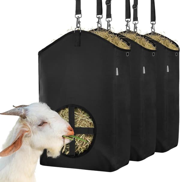 3-pak høfodertaske til heste, geder, får, premium 600D Oxford slow feed høtaske med justerbar foderåbning, sort