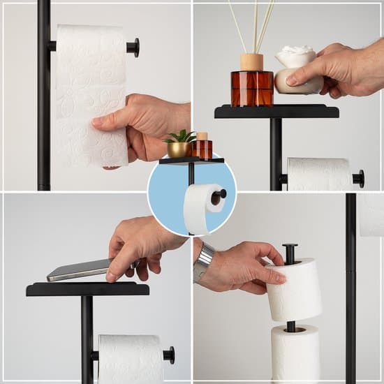 Fritstående toiletpapirholder 3 i 1 med hylde og opbevaring til reservepapir, ingen boring, rustfrit stål gulvstativ til badeværelset, sort