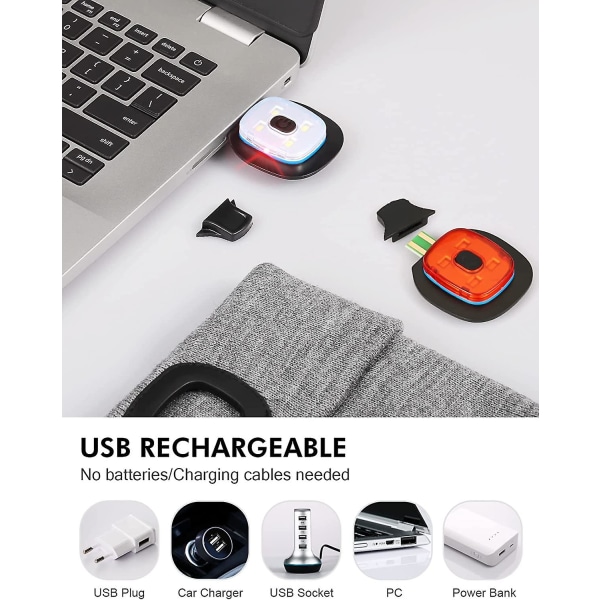 Motorhuv med led-ljus fram och bak, USB uppladdningsbar frontlampa med 3 ljusstyrkor, stickad mössa med ljus att jogga, campingplats, cykel
