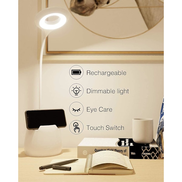 Skrivbordslampa, Dimbar LED-Bordslampa för Bokläsning 3 Ljusnivåer Flexibel Svanhals Touchkontroll Ögonskydd USB Laddningsbar Penna, Telefon, Varm Ljus