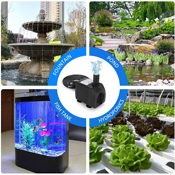 Neddykbar pumpe 30W Ultra Stille Fontene Vannpumpe, 2000L/H, Dyser for Akvarium, Fiskedam, Dam, Hydroponikk
