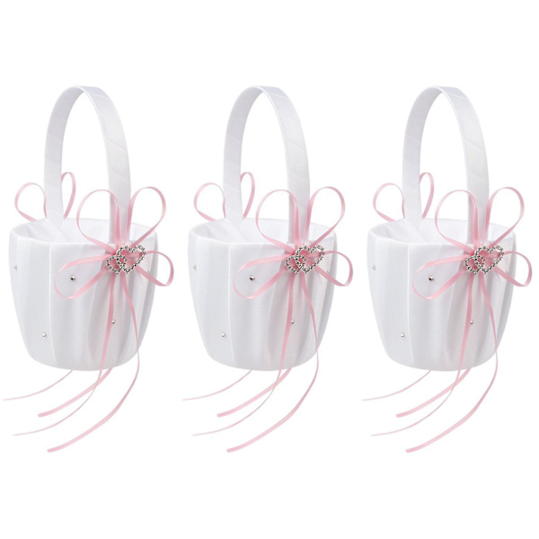 3x Dobbel Hjerte Bryllup Blomstjentekurv Hvit Satin Rhinestone Dekor Rosa Bryllupsfest Gave