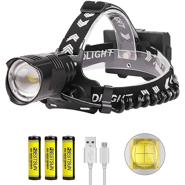 Laddningsbar Frontlampa Xhp90 Led Kraftfull Frontficklampa, 10 000 Lumen Ultra Ljusstark Usb Vattentät Zoombar Ficklampa Med 3 Batterier Och 3 Lägen För