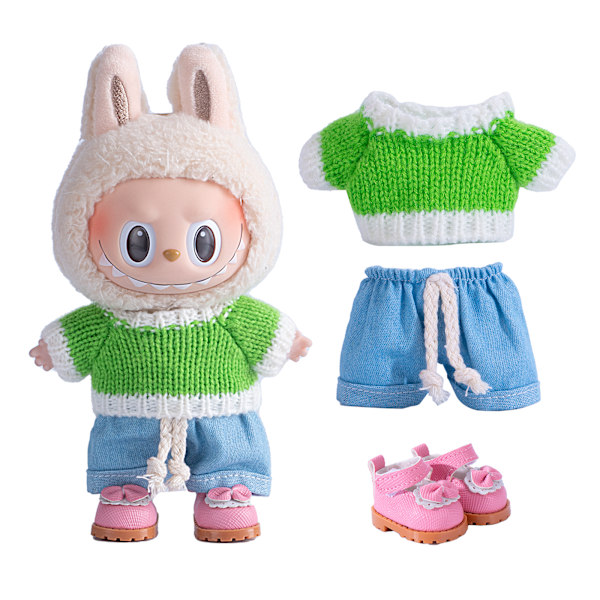 /RYI/17cm Labubu Tøjsæt Blød Legetøjsstil Modedukke Sweater og Bukser i Forskellige Farver 14