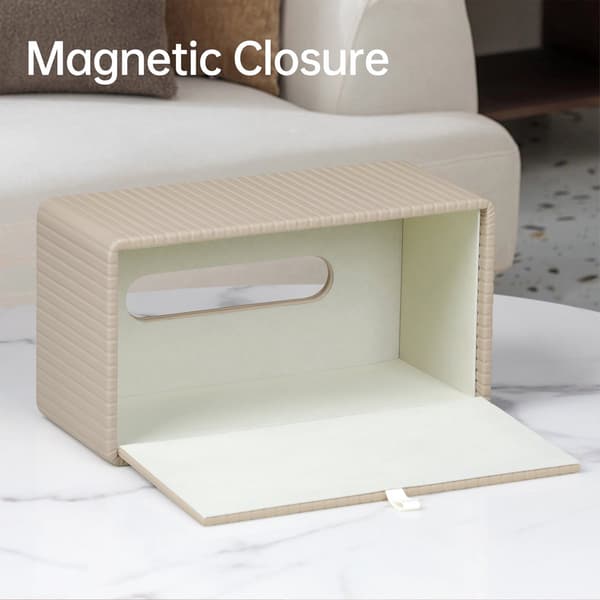 Täcklåda för näsdukar i PU-läder, beige randig rektangulär med magnetisk botten för badrum, sovrum, kontor, heminredning