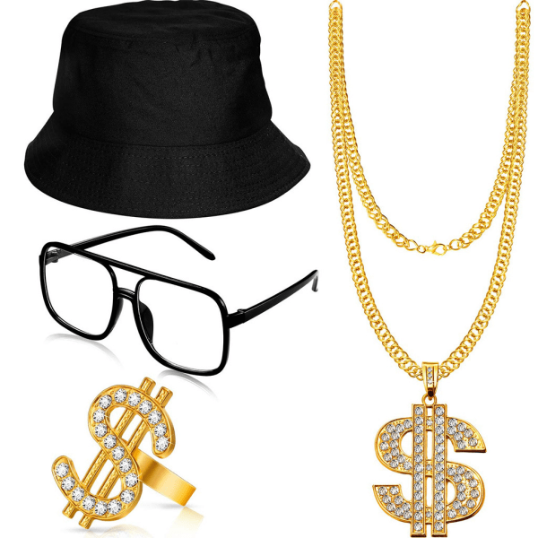 4 stykker 80'er 90'er Hip Hop kostume sæt med, bomulds bøttehat, guldkæde, guldarmbånd, solbriller